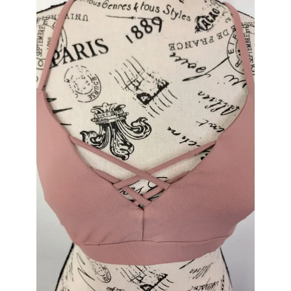 Alo Yoga Sport Bra Womens Small V Neck Cross Back Blush Pink Logo